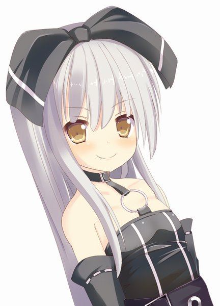 Anime picture 576x800 with trinity seven sora (trinity seven) kamishiro hazuki single long hair tall image looking at viewer blush simple background smile white background brown eyes silver hair loli fang (fangs) flat chest girl dress bow hair bow