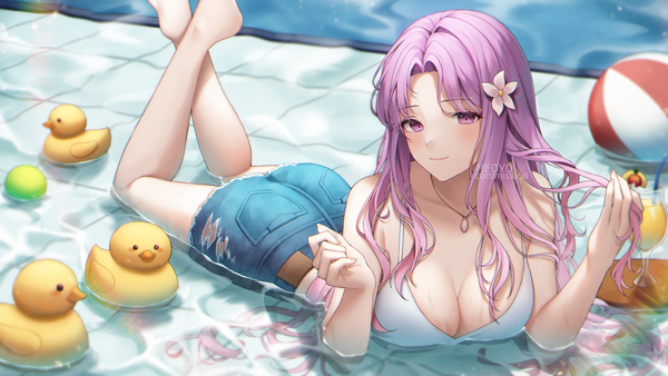 Anime picture 3840x2160 with original meoyo single long hair looking at viewer blush fringe highres breasts light erotic smile wide image large breasts signed pink hair absurdres lying pink eyes barefoot hair flower