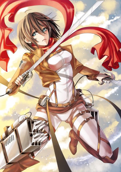 Anime picture 3508x4961 with shingeki no kyojin production i.g mikasa ackerman yoneyu single tall image looking at viewer highres short hair blue eyes brown hair holding absurdres open clothes open jacket dual wielding girl weapon sword jacket