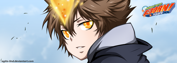 Anime picture 2476x889 with katekyou hitman reborn sawada tsunayoshi aagito single highres short hair smile brown hair wide image yellow eyes sky cloud (clouds) looking back inscription coloring magic close-up face boy