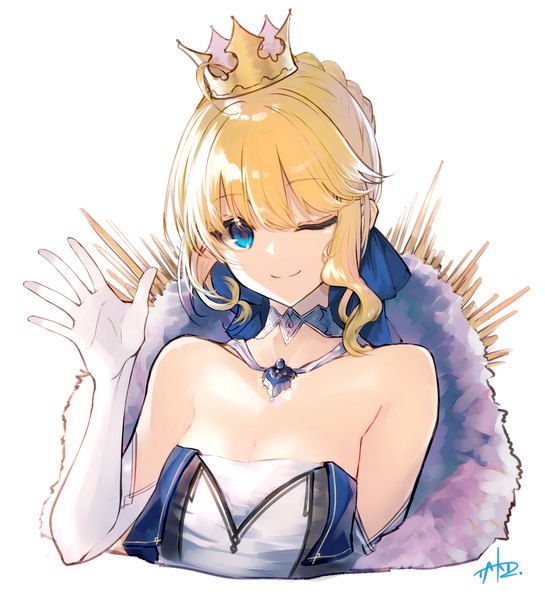 Anime picture 1988x2188 with fate (series) fate/stay night artoria pendragon (all) saber jazztaki single tall image looking at viewer fringe highres short hair blue eyes simple background blonde hair smile hair between eyes white background upper body ahoge one eye closed