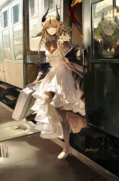 Anime picture 2519x3840 with arknights reed (arknights) reed the flame shadow (arknights) twice12314 single long hair tall image looking at viewer fringe highres breasts blonde hair holding signed payot outdoors tail blunt bangs hair flower horn (horns)