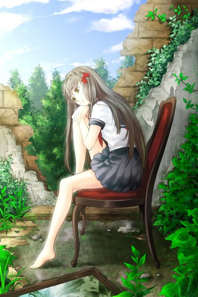 Anime picture 900x1348 with original futaba (pixiv id 14796037) single long hair tall image fringe smile brown hair sitting yellow eyes looking away sky cloud (clouds) bent knee (knees) head tilt pleated skirt barefoot bare legs hand on knee destruction