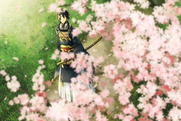Anime picture 1300x877 with touken ranbu nitroplus mikazuki munechika mst single looking at viewer fringe short hair standing outdoors traditional clothes japanese clothes wind wide sleeves cherry blossoms looking up sheathed boy flower (flowers) weapon