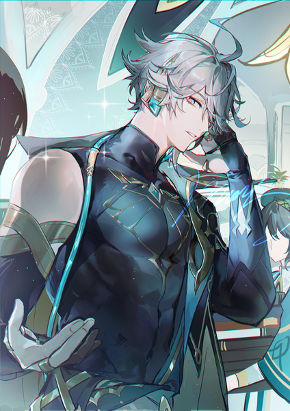 Anime picture 1158x1637 with genshin impact alhaitham (genshin impact) mors gn tall image looking at viewer fringe short hair blue eyes silver hair upper body ahoge fingernails hair over one eye sparkle solo focus boy headphones
