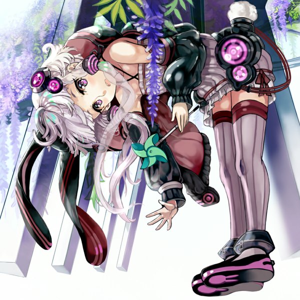 Anime picture 900x900 with vocaloid yuzuki yukari ryuuri susuki (artist) single long hair looking at viewer fringe open mouth standing purple eyes twintails bare shoulders holding animal ears purple hair full body white hair multicolored hair open clothes open jacket