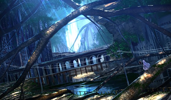 Anime picture 1535x900 with original haru (ryosios) ryosios single long hair wide image white hair river ruins waterfall girl dress weapon plant (plants) tree (trees) water castle power lines