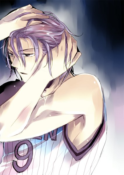 Anime picture 708x1000 with kuroko no basket production i.g murasakibara atsushi sachimo single tall image short hair open mouth purple hair black eyes sweat striped hands on head boy uniform gym uniform basketball uniform