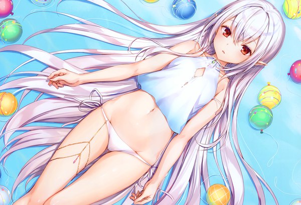 Anime picture 4230x2887 with original komeshiro kasu single long hair looking at viewer blush fringe highres open mouth light erotic hair between eyes red eyes bare shoulders payot absurdres white hair lying pointy ears scan on back