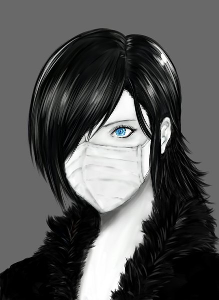 Anime picture 810x1110 with original usui natoriumu single tall image fringe short hair blue eyes black hair simple background hair over one eye grey background fur trim monochrome portrait white skin girl fur clothes surgical mask