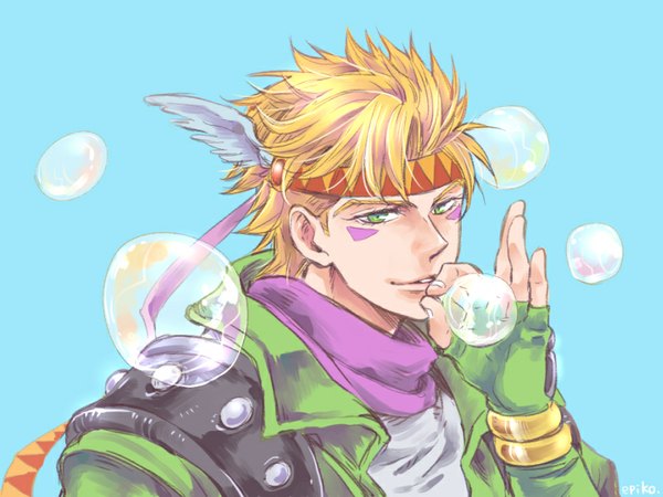 Anime picture 800x600 with jojo no kimyou na bouken caesar anthonio zeppeli aki epiko single looking at viewer short hair simple background blonde hair smile green eyes signed blue background boy gloves hairband fingerless gloves feather (feathers) bubble (bubbles)