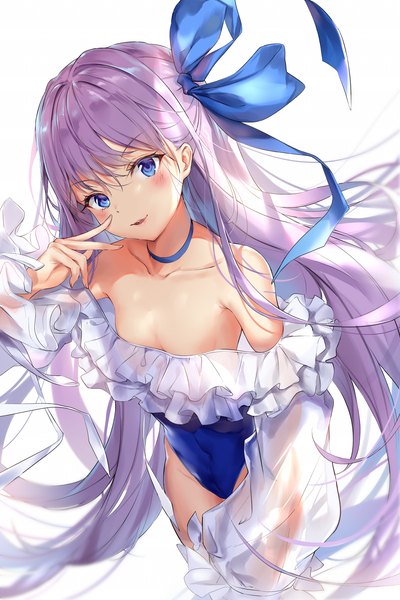 Anime picture 1300x1950 with fate (series) fate/grand order meltryllis (fate) meltryllis (swimsuit lancer) (fate) pdxen single tall image looking at viewer blush fringe breasts open mouth blue eyes light erotic simple background smile hair between eyes standing white background bare shoulders