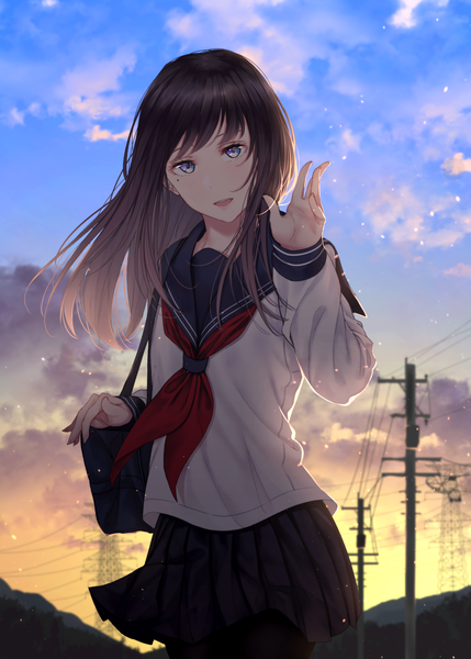 Anime picture 1421x1988 with original saitou (lynx-shrike) single long hair tall image looking at viewer blush fringe open mouth blue eyes brown hair standing sky cloud (clouds) outdoors :d pleated skirt wind mole depth of field