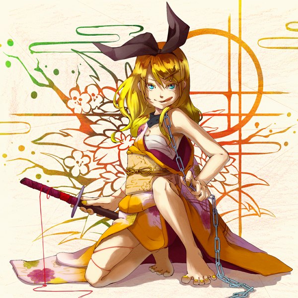 Anime picture 1100x1100 with vocaloid kagamine rin yukka single looking at viewer fringe short hair blonde hair nail polish traditional clothes japanese clothes barefoot aqua eyes bare legs alternate costume happy :p toenail polish crazy yellow nail polish