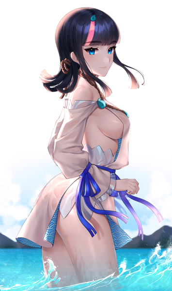 Anime picture 711x1200 with fate (series) fate/grand order fate/requiem utsumi erise helloimtea single tall image looking at viewer fringe short hair breasts blue eyes light erotic black hair simple background smile standing white background bare shoulders sky