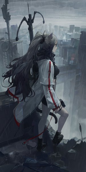 Anime picture 2976x5922 with arknights schwarz (arknights) modare single long hair tall image fringe highres hair between eyes standing animal ears yellow eyes payot looking away cloud (clouds) full body outdoors ponytail tail long sleeves