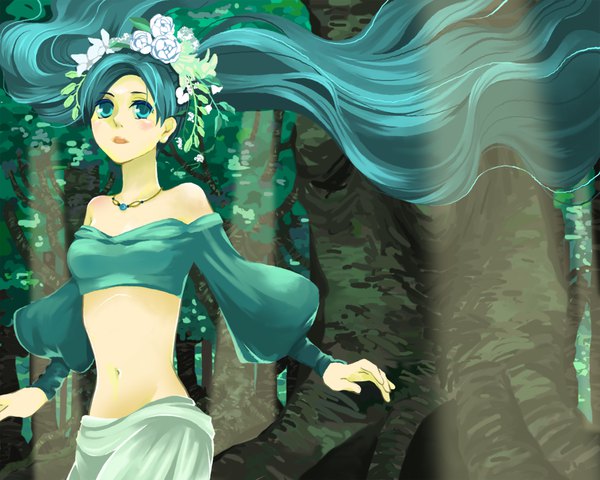 Anime picture 1000x800 with vocaloid hatsune miku arcadia-613 single blush open mouth twintails bare shoulders very long hair aqua eyes wind sunlight aqua hair midriff puffy sleeves wavy hair looking up spread arms girl navel