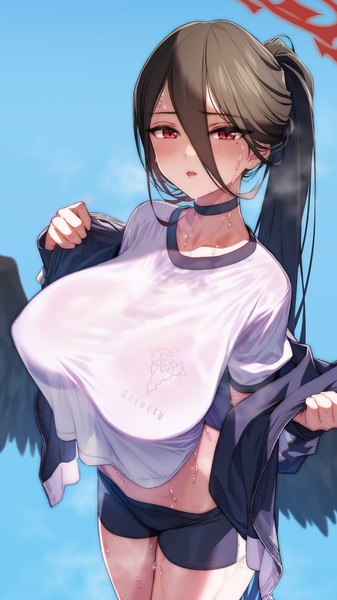Anime picture 2160x3840 with blue archive hasumi (blue archive) hasumi (gym uniform) (blue archive) ogre craft single long hair tall image looking at viewer fringe highres breasts light erotic black hair simple background hair between eyes red eyes standing ponytail off shoulder mole