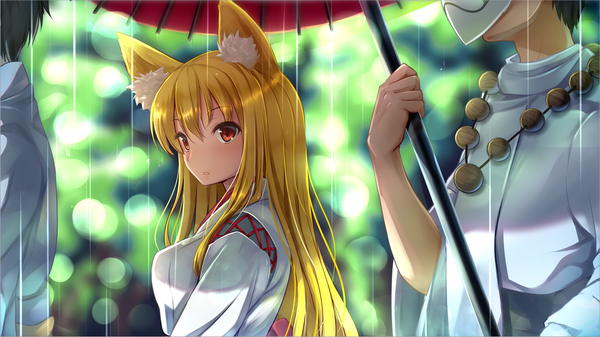 Anime picture 1920x1080 with original nicoby long hair looking at viewer blush fringe highres short hair black hair blonde hair hair between eyes red eyes wide image holding animal ears payot upper body traditional clothes parted lips japanese clothes