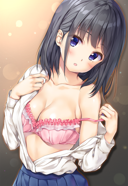 Anime picture 754x1100 with original pasdar single tall image looking at viewer blush fringe short hair breasts open mouth blue eyes light erotic black hair cleavage upper body long sleeves pleated skirt :o gradient background lens flare