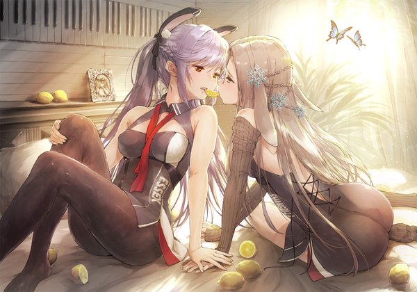 Anime picture 1800x1260 with azur lane essex (azur lane) shangri-la (azur lane) ek masato long hair fringe highres red eyes brown hair sitting multiple girls holding green eyes purple hair bent knee (knees) indoors braid (braids) sunlight sleeveless mouth hold