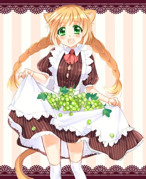 Anime picture 1300x1595 with kayou (kayou-bi) long hair tall image blush open mouth blonde hair green eyes braid (braids) cat girl legs twin braids striped striped background girl socks food white socks apron berry (berries) grapes
