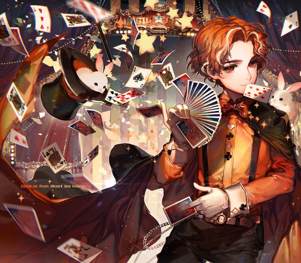 Anime picture 1024x895 with cookie run cinnamon cookie kawacy single blush short hair red eyes holding orange hair copyright name mouth hold watermark wavy hair eyebrows boy gloves animal shirt belt white gloves