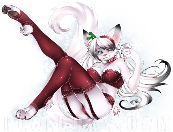 Anime picture 1000x763 with original luckypan long hair blush light erotic black hair white background signed animal ears bent knee (knees) white hair tail one eye closed multicolored hair arm up aqua eyes wink erect nipples underwear only covered nipples