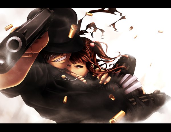 Anime picture 1294x1000 with umineko no naku koro ni ushiromiya ange amakusa juuza jailbird short hair simple background smile brown hair white background holding grey hair grey eyes two side up couple hug letterboxed smirk girl boy skirt