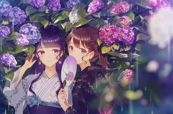 Anime picture 1500x992 with original kusaka kou long hair looking at viewer blush fringe brown hair standing purple eyes multiple girls holding payot purple hair upper body outdoors ponytail blunt bangs traditional clothes parted lips japanese clothes