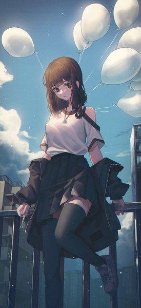 Anime picture 2769x6032 with original domi (hyaku8795) single long hair tall image looking at viewer fringe highres black hair standing bare shoulders sky cloud (clouds) outdoors pleated skirt off shoulder open jacket from below short sleeves grey eyes