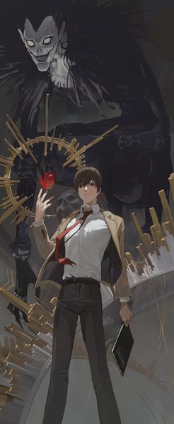 Anime picture 1500x3659 with death note madhouse yagami light ryuk modare tall image fringe short hair smile hair between eyes brown hair standing multiple boys shinigami boy shirt necktie white shirt 2 boys fruit