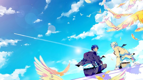 Anime picture 1366x768 with kuroko no basket production i.g kise ryouta aomine daiki short hair open mouth blonde hair smile wide image sitting blue hair looking away sky cloud (clouds) sunlight shadow uniform animal wings necktie