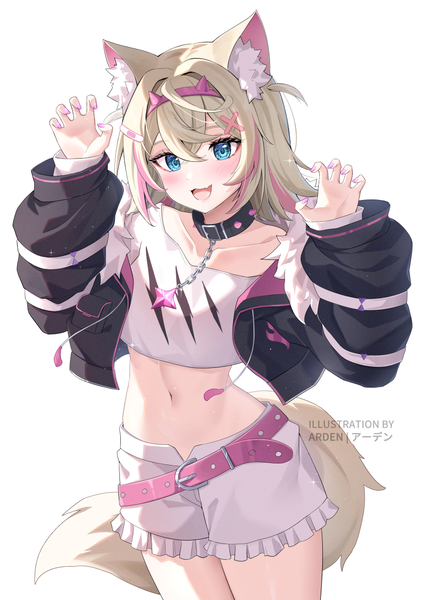 Anime picture 842x1191 with virtual youtuber hololive hololive english mococo abyssgard mococo abyssgard (1st costume) ardenlolo single tall image fringe short hair open mouth blue eyes simple background blonde hair hair between eyes standing white background signed animal ears tail