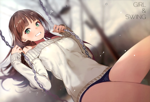 Anime-Bild 3000x2046 mit original yuran (cozyquilt) single long hair looking at viewer blush fringe highres smile brown hair green eyes outdoors blunt bangs long sleeves blurry scan off shoulder sweat dutch angle depth of field