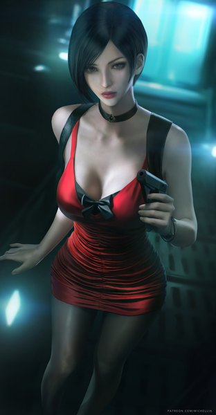 Anime picture 3900x7500 with resident evil ada wong wickellia single tall image looking at viewer fringe highres short hair breasts light erotic black hair large breasts holding absurdres cleavage arm up lips realistic grey eyes