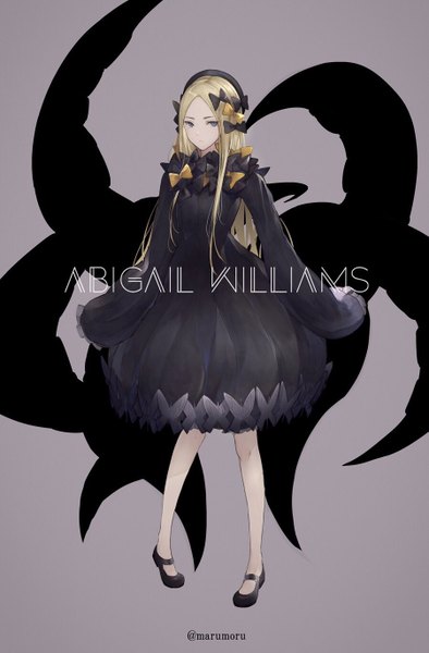 Anime picture 899x1368 with fate (series) fate/grand order abigail williams (fate) marumoru single long hair tall image looking at viewer blue eyes blonde hair simple background standing signed payot full body long sleeves grey background character names text english