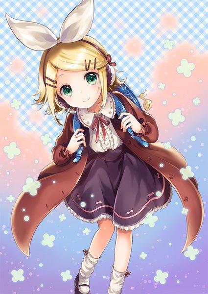 Anime picture 700x989 with vocaloid kagamine rin kona (canaria) single tall image looking at viewer blush short hair simple background blonde hair smile green eyes long sleeves leaning leaning forward gradient background girl dress hair ornament bow