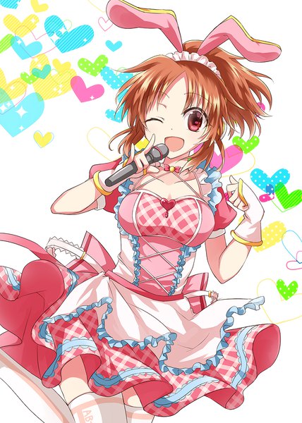 Anime picture 800x1120 with idolmaster idolmaster cinderella girls abe nana tm-pika single tall image looking at viewer short hair open mouth red eyes brown hair animal ears ponytail one eye closed wink bunny ears puffy sleeves fake animal ears mmm atashi ponkotsu android