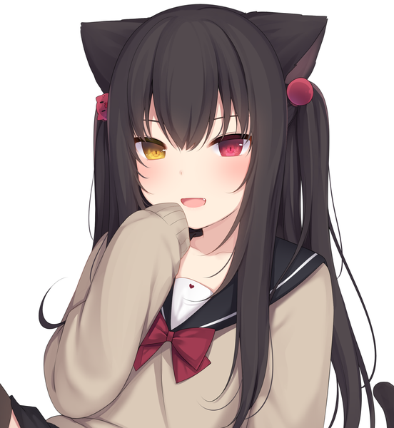 Anime picture 1000x1085 with original nachi single long hair tall image looking at viewer blush fringe open mouth black hair simple background hair between eyes red eyes white background animal ears yellow eyes payot tail :d animal tail