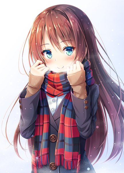 Anime-Bild 1100x1530 mit original akashio (loli ace) single long hair tall image looking at viewer blush fringe blue eyes simple background smile hair between eyes brown hair white background upper body long sleeves sleeves past wrists exhalation girl scarf