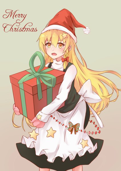 Anime picture 1448x2048 with touhou kirisame marisa krisame amane single long hair tall image looking at viewer open mouth blonde hair simple background smile holding yellow eyes braid (braids) long sleeves grey background christmas side braid merry christmas girl