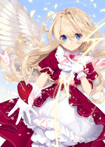 Anime picture 666x931 with original yusano single long hair tall image looking at viewer fringe blue eyes blonde hair smile hair between eyes ahoge short sleeves puffy sleeves outstretched arm hand on chest wavy hair angel wings front-tie top shiny