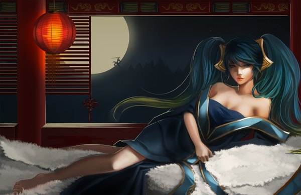 Anime picture 1400x906 with league of legends sona buvelle master yi (league of legends) long5009 single long hair fringe twintails bare shoulders looking away lying multicolored hair barefoot lips realistic night two-tone hair gradient hair girl dress