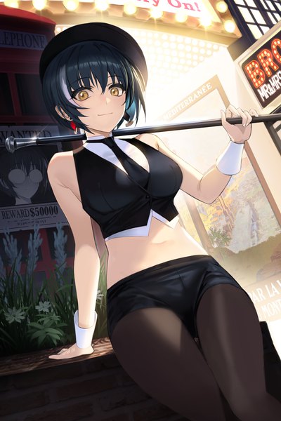 Anime-Bild 3000x4500 mit original mamima single tall image looking at viewer fringe highres short hair breasts black hair smile hair between eyes holding brown eyes payot multicolored hair arm up arm support two-tone hair sparkle