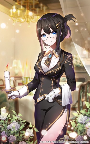 Anime picture 1000x1600 with arcana tactics apple caramel single tall image blush short hair breasts blue eyes black hair smile standing holding indoors long sleeves head tilt blurry official art copyright name side slit striped
