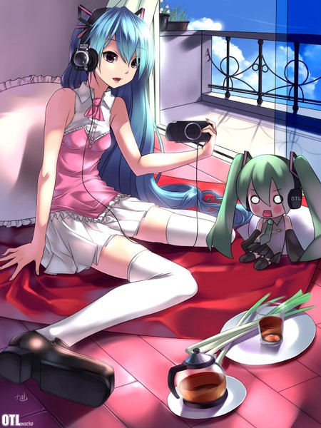 Anime picture 1200x1600 with vocaloid hatsune miku yykuaixian long hair tall image open mouth purple eyes twintails bare shoulders green hair aqua hair girl thighhighs skirt white thighhighs headphones pillow vegetables coffee leek