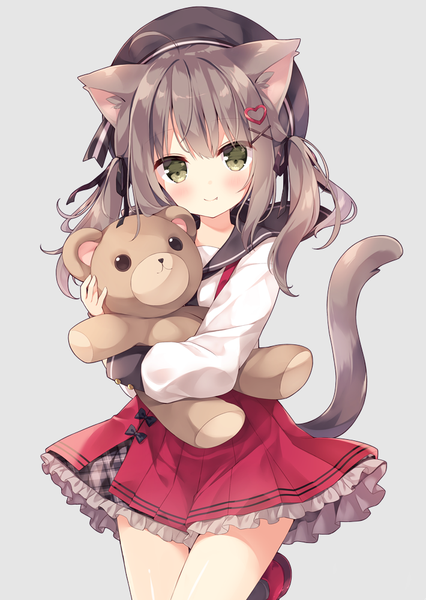 Anime picture 710x1000 with original hoshi (snacherubi) single long hair tall image looking at viewer blush fringe simple background smile brown hair standing twintails holding green eyes animal ears payot ahoge tail animal tail