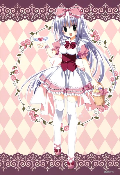 Anime picture 2398x3479 with alice or alice rise (alice or alice) korie riko single long hair tall image blush highres open mouth green eyes silver hair girl thighhighs dress flower (flowers) bow hair bow white thighhighs basket