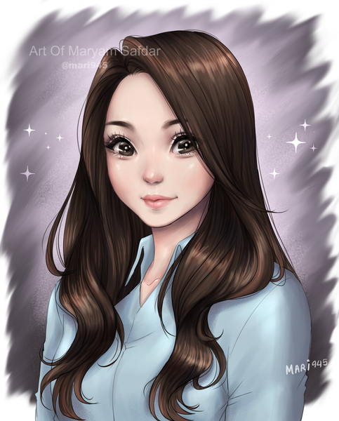 Anime picture 2418x3000 with original mari945 single long hair tall image looking at viewer highres simple background brown hair signed upper body light smile black eyes realistic grey background sparkle twitter username portrait girl shirt